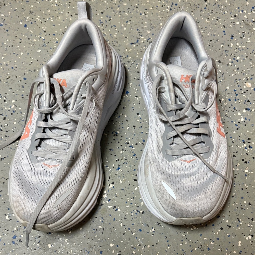 Hoka Silver and Coral Athletic Shoes